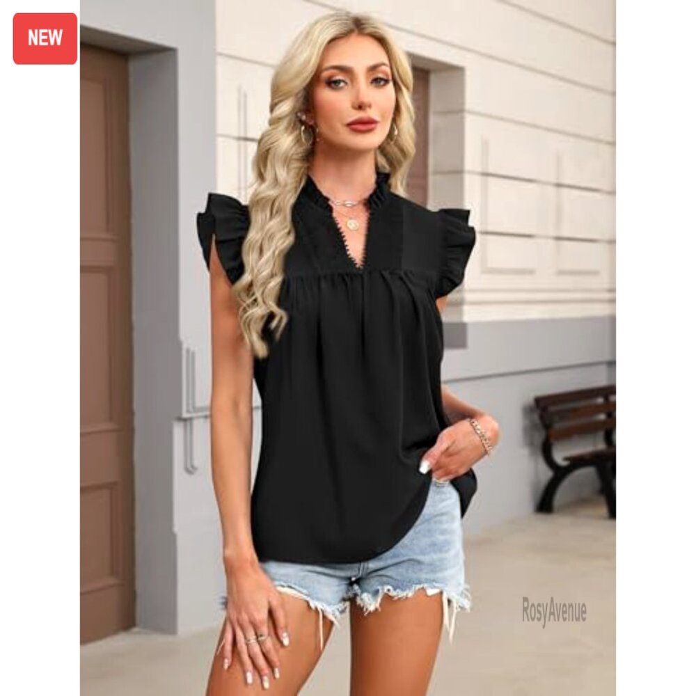 Loose Fit Ruffle Sleeve Lace Embroidered V Neck Blouse Tank Top - Picture 2 of 7